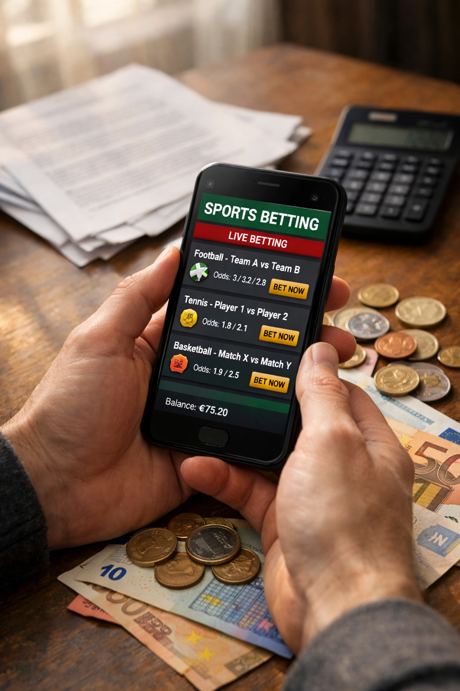 Sportwetten-App auf Smartphone mit Euro-Geldscheinen und Rückforderung-Dokumenten