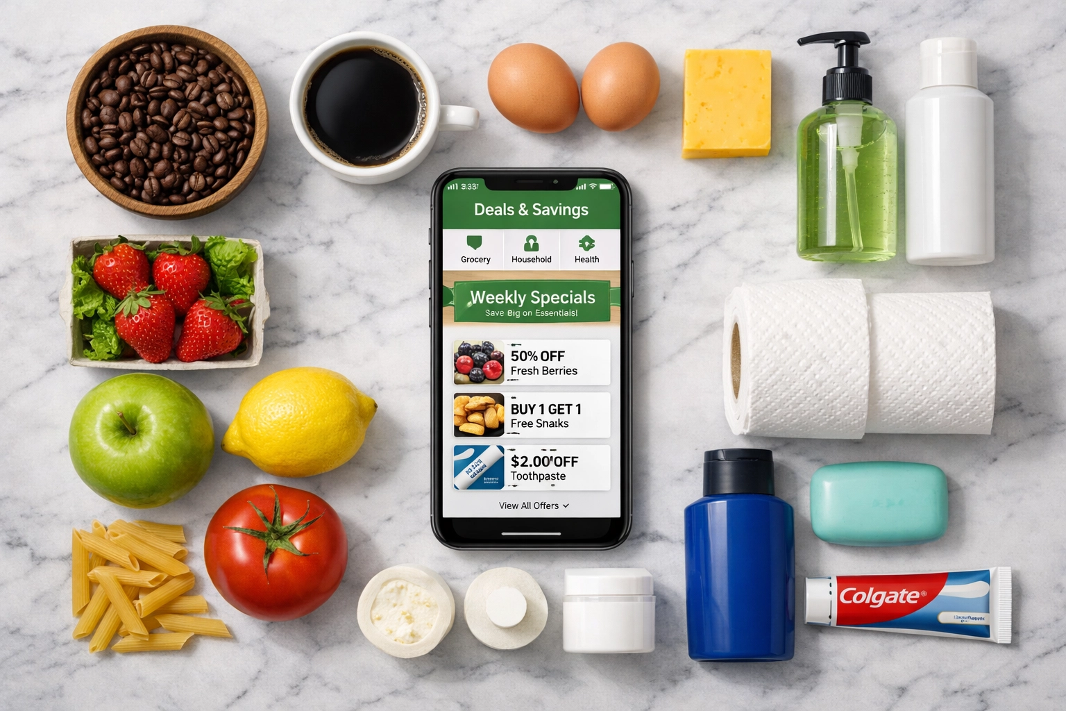 Smartphone displaying best online deals surrounded by everyday household items and groceries