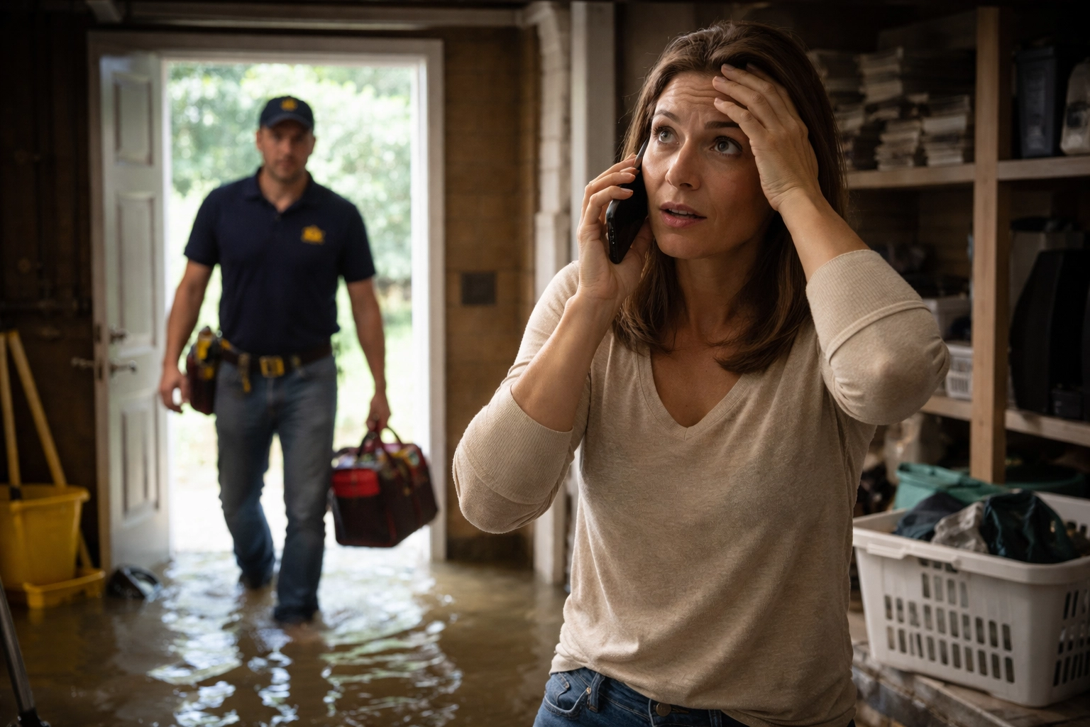 Split scene of homeowner with a flooded basement calling for help and a competing contractor landing the job, illustrating the cost of missed calls.
