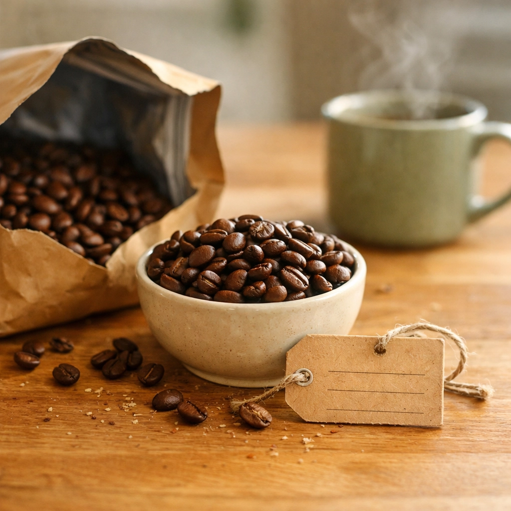 Freshly roasted single-origin coffee beans in an open bag on a wooden kitchen counter.