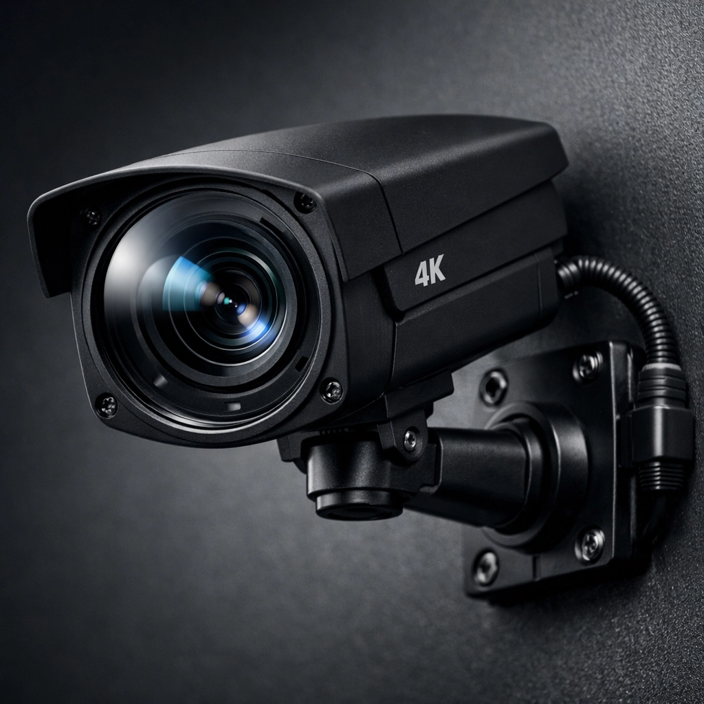 Professional 4K security camera mounted on wall showing high-resolution lens and weather-resistant housing
