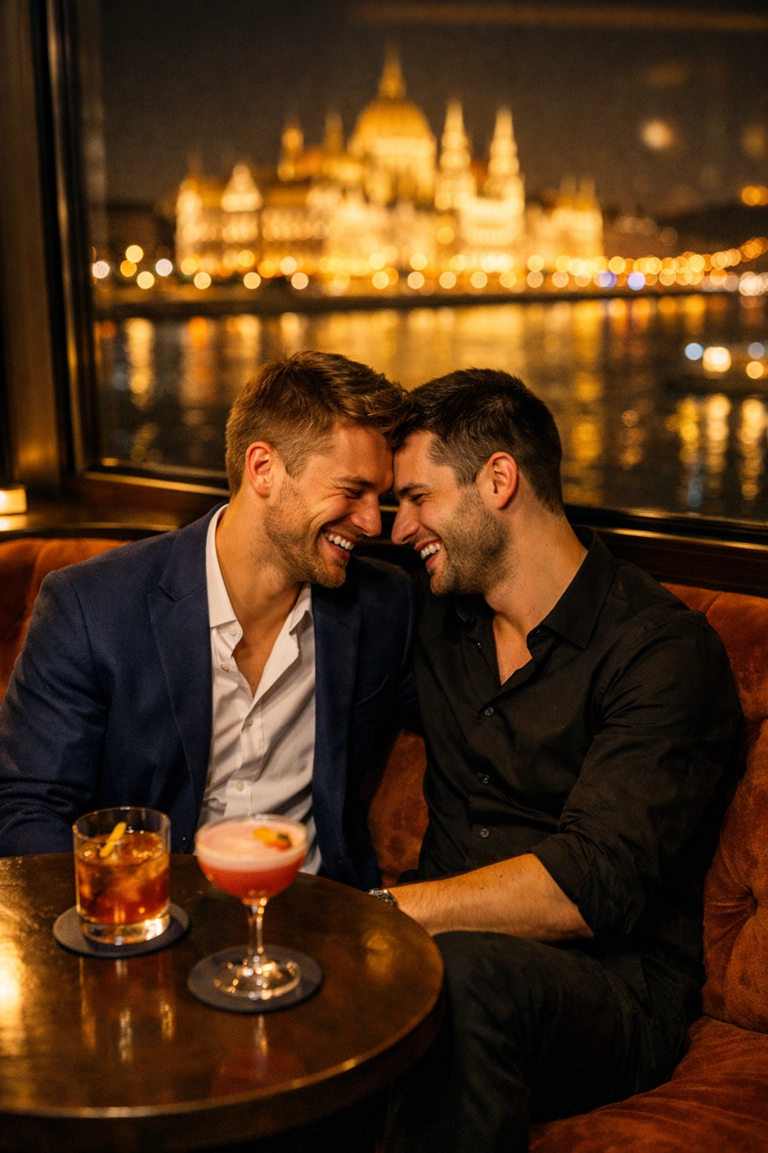 Gay couple sharing drinks and laughter in sophisticated Budapest bar near Danube