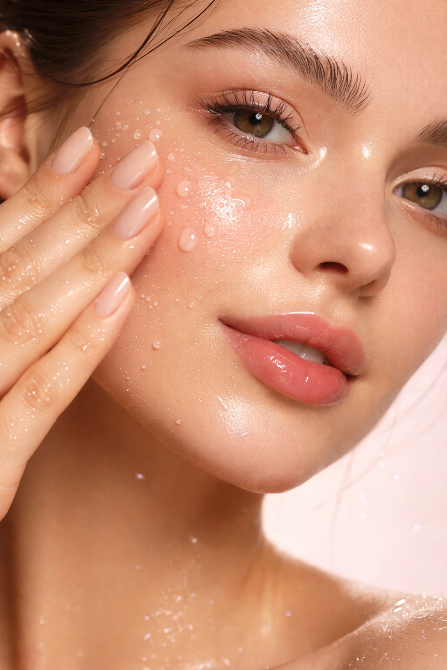 Hand applying serum to glowing cheeks, illustrating proper serum application for hydrated skin