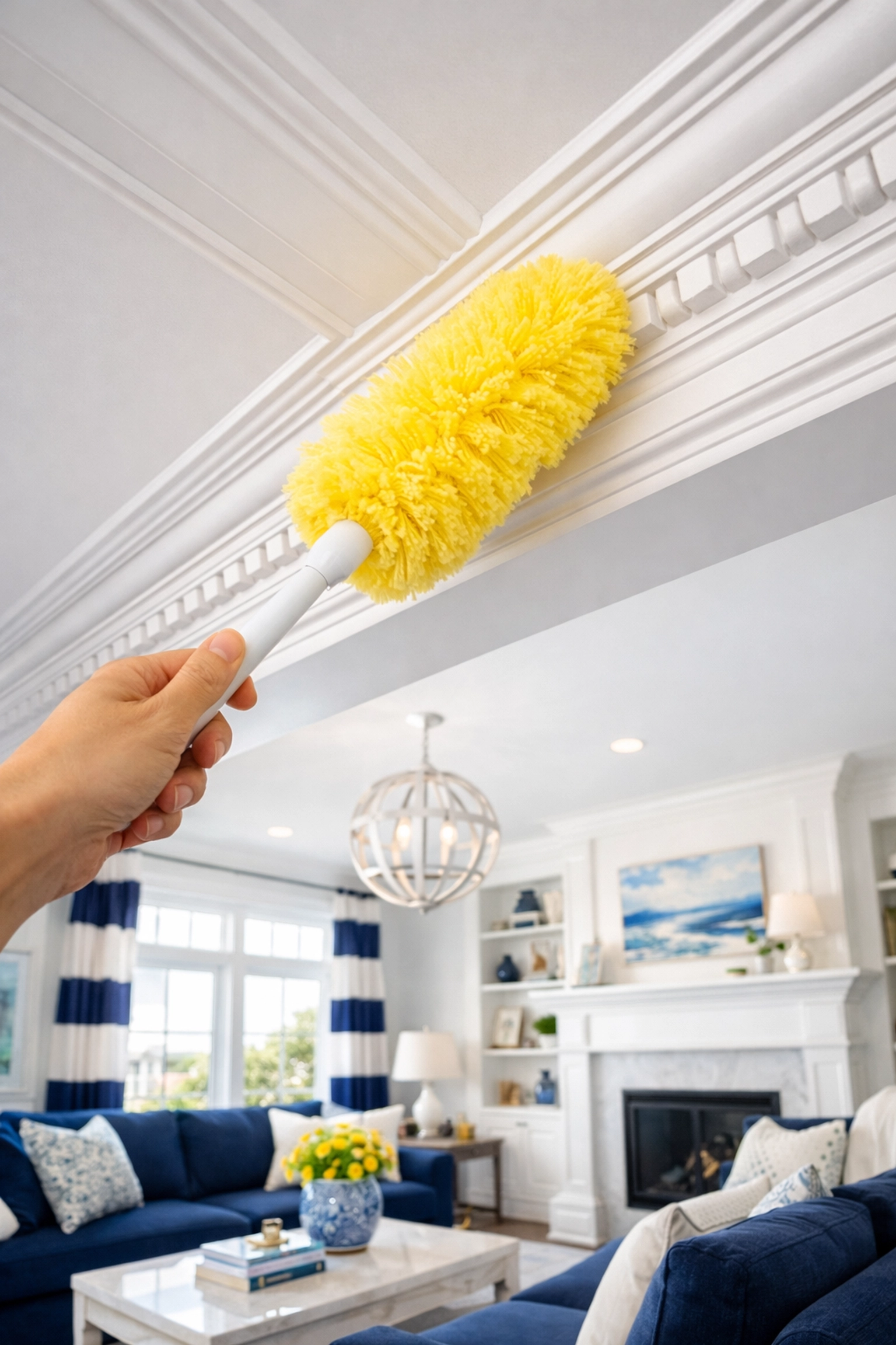 Ninja move-in cleaning in a North Shore home featuring detailed dusting of crown molding for a fresh start.