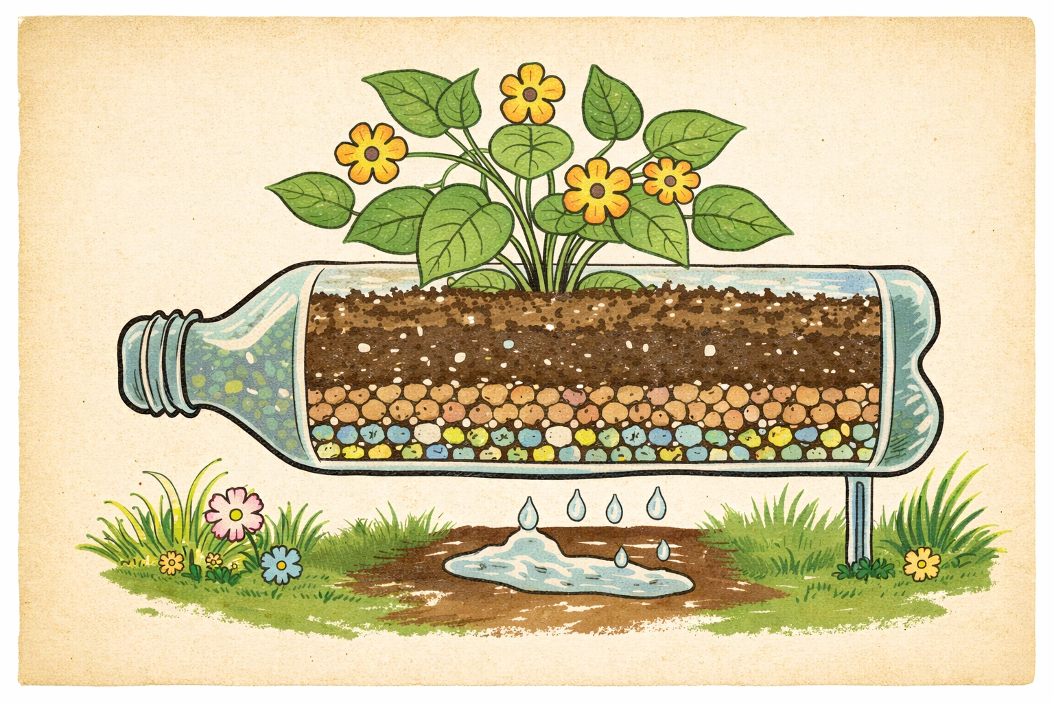 Cross-section of a plastic bottle planter showing drainage holes for vertical gardening with kids