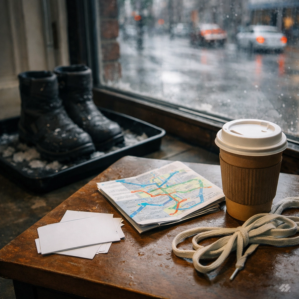 Rainy day essentials like wet boots and coffee for surviving Montreal mud season indoors.