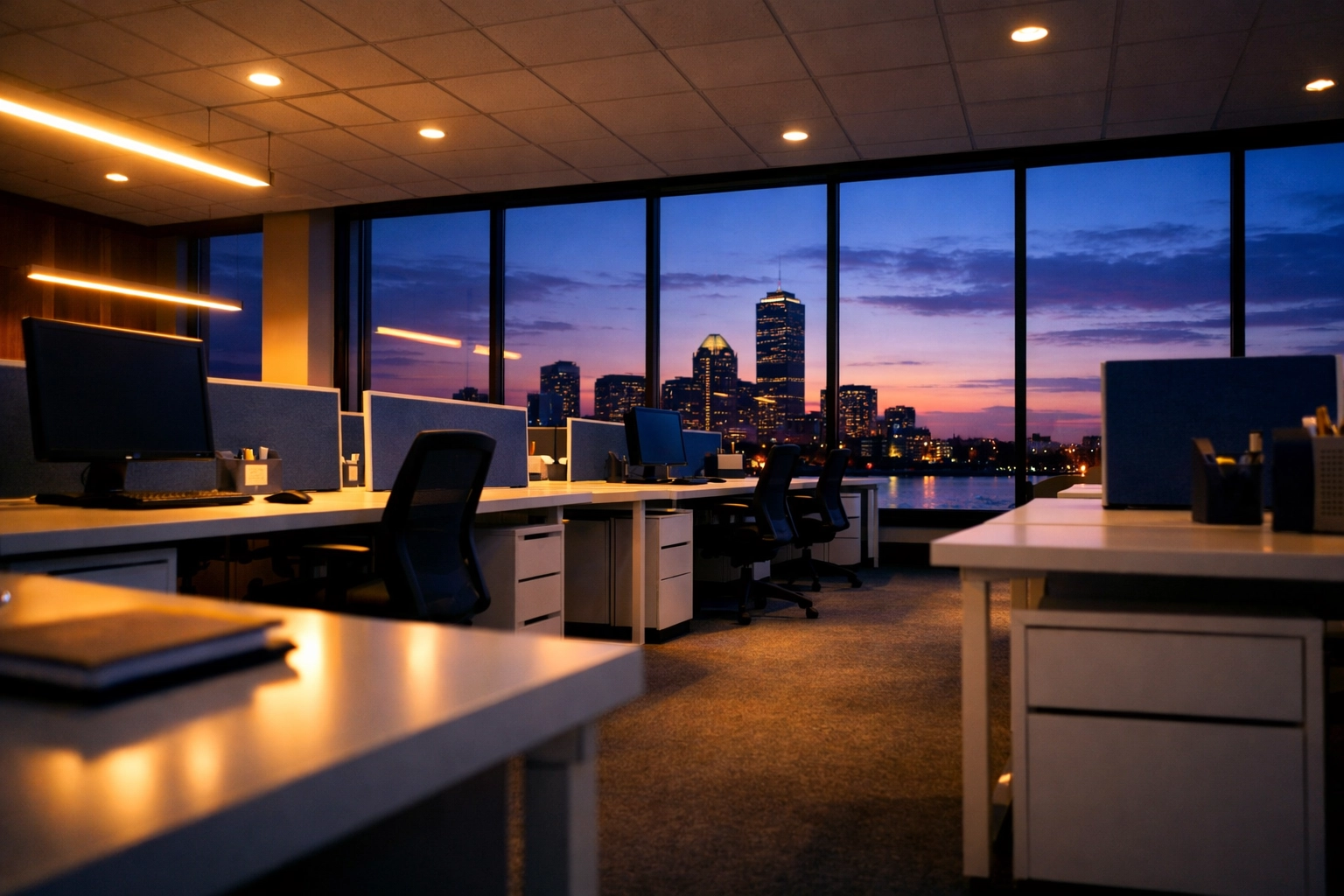 A vast, clean Tewksbury office space perfectly prepared for the next business day.