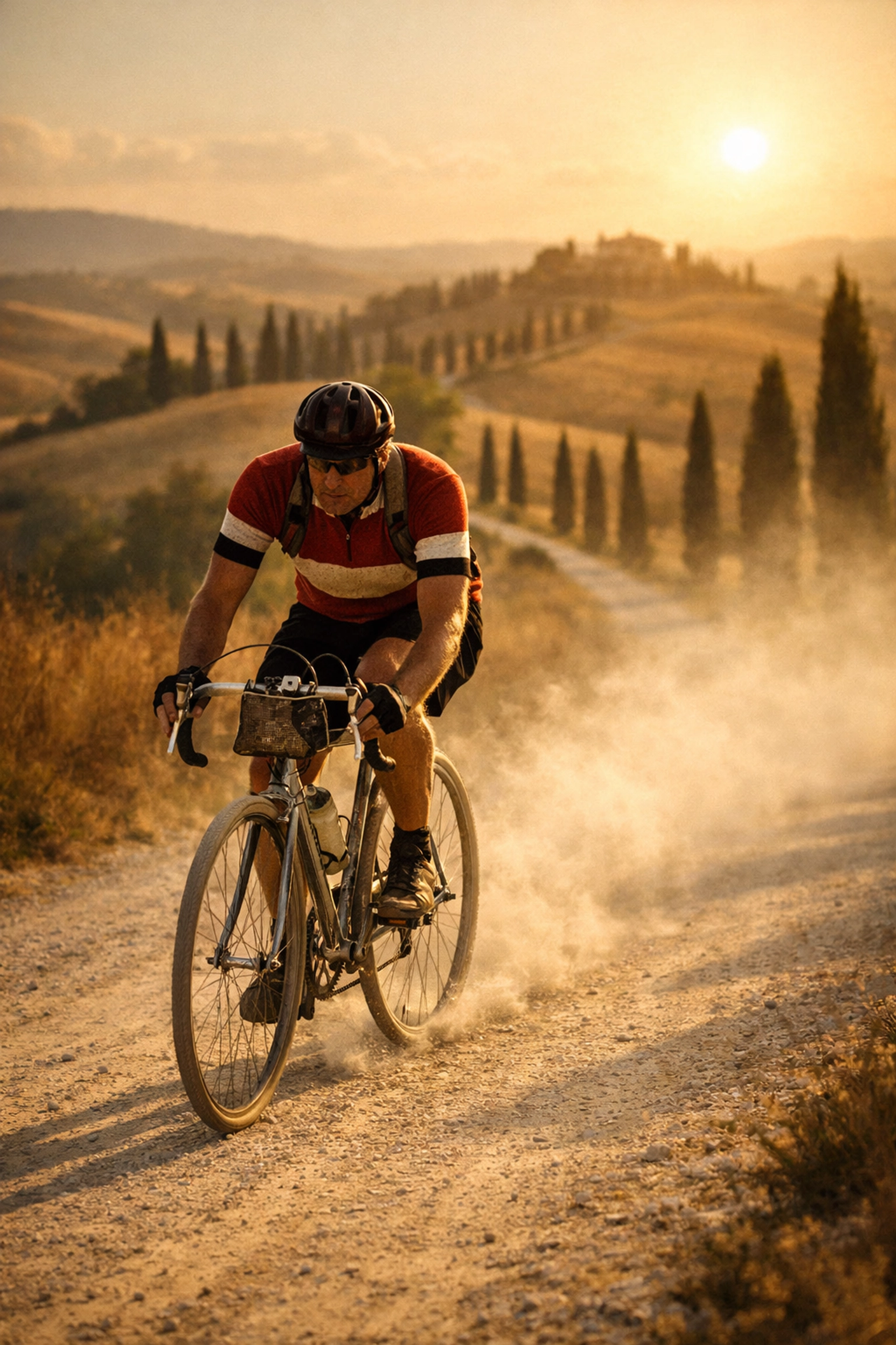 Cyclist on a vintage bike riding the historic white gravel roads of Tuscany for L'Eroica.