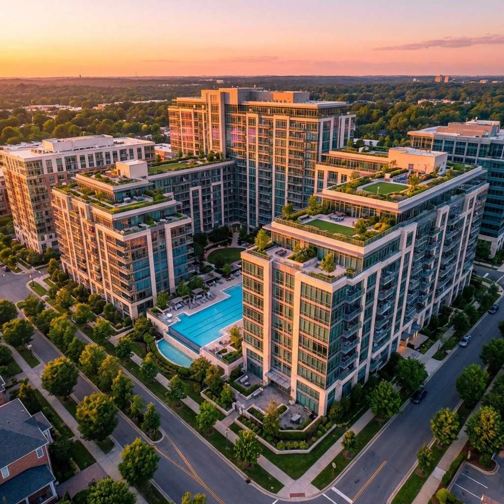 A luxury apartment complex and landscaped grounds at sunset, highlighting real estate investment stability and syndication opportunities.