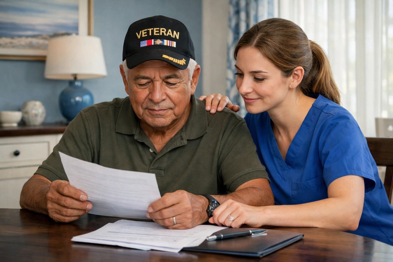 Caregiver helping a Hispanic veteran in Gainesville review documents for the VA Aid and Attendance application process.
