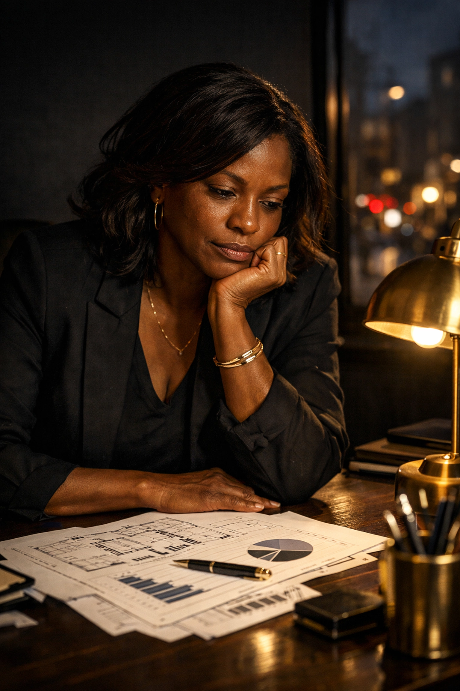 Small business owner analyzing blueprints and reports to ensure business stability in a mission driven holding company.