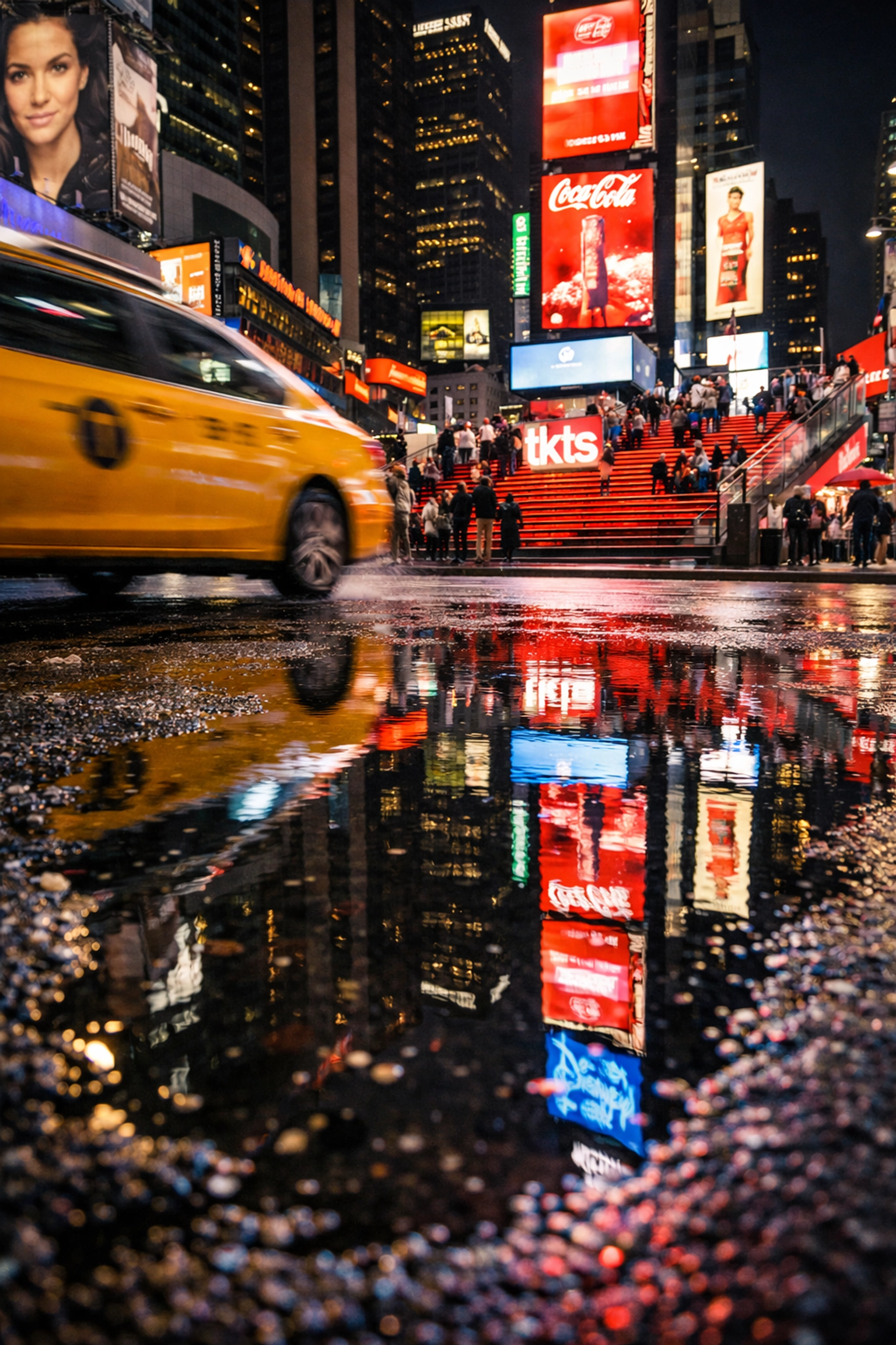 Neon lights of Times Square reflected in rain puddles with an iconic yellow taxi at night.