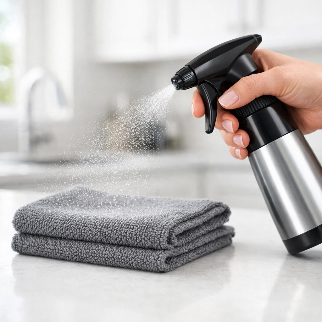 Spraying cleaning solution onto a microfiber cloth to prevent surface damage in a Westchester NY home.