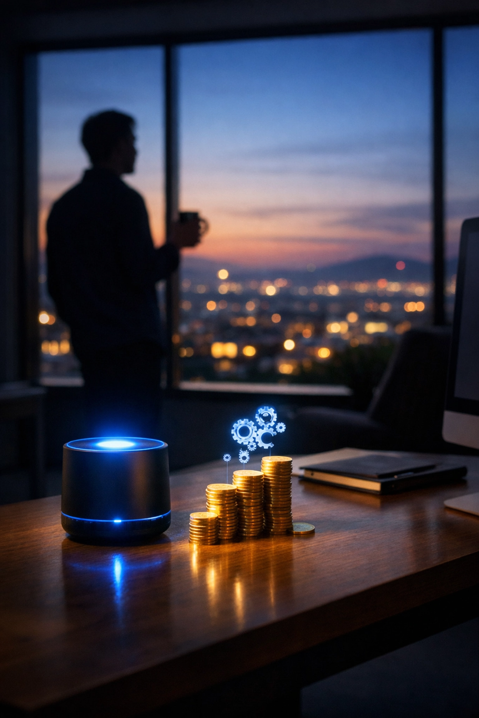Relaxed home office scene with an AI device representing automated savings and set-it-and-forget-it wealth building.