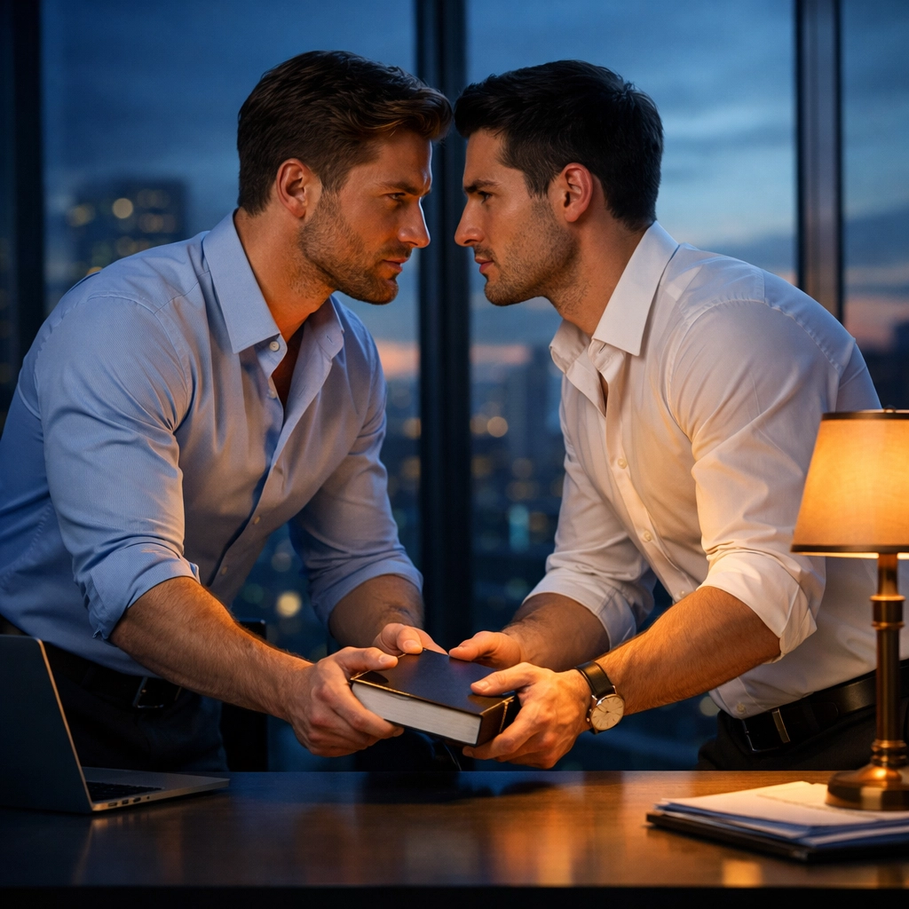 Two men in a modern office sharing a romantic moment, illustrating the gay workplace romance trope.