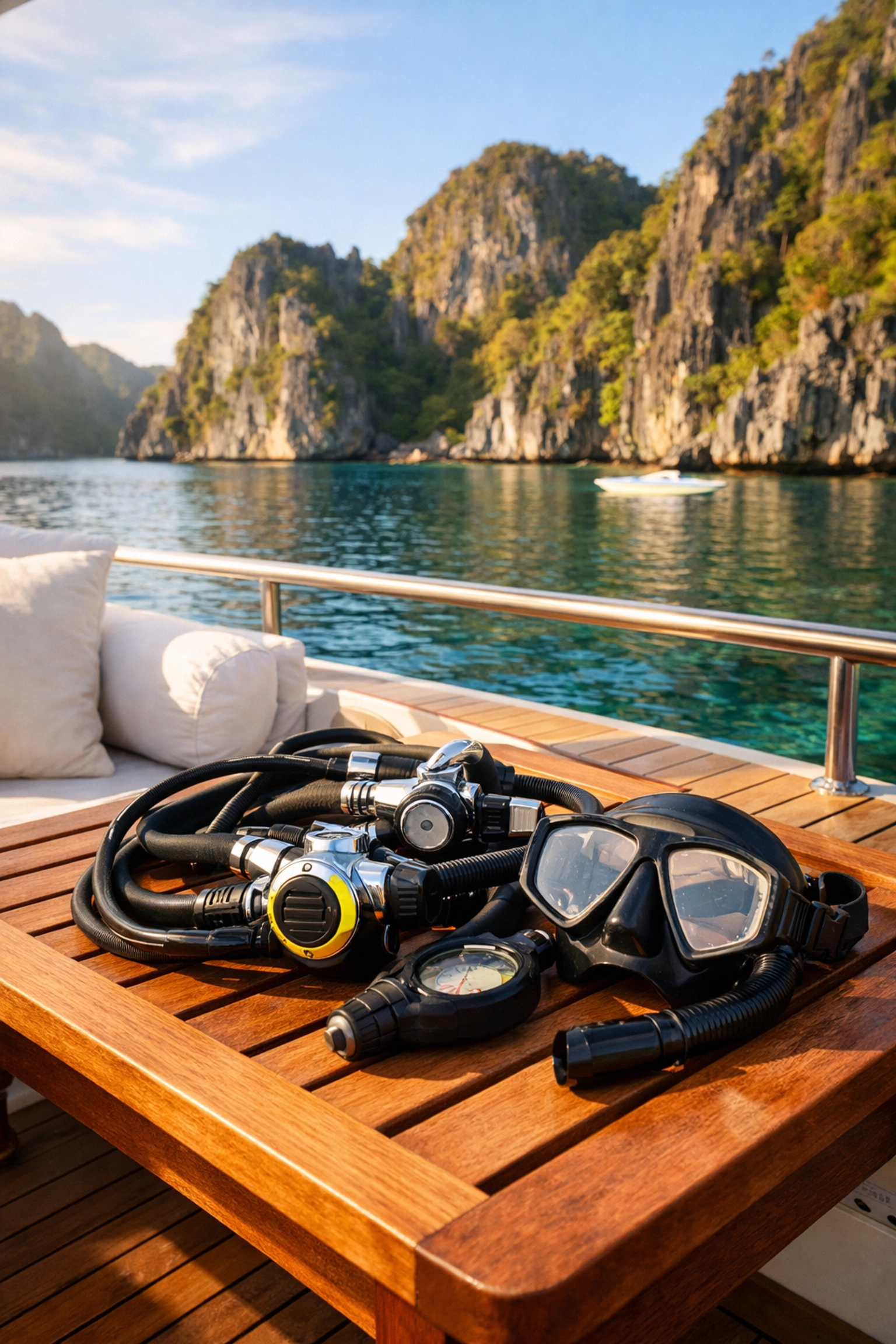 Professional scuba gear on a luxury yacht deck overlooking a tropical Philippine lagoon.