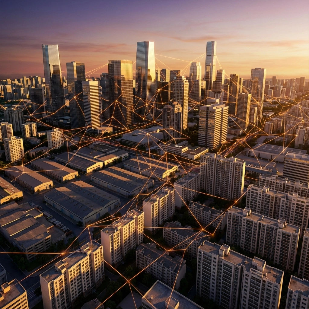 Aerial view of a modern cityscape at sunset highlighting real estate, technology, and blockchain as alternative investment opportunities.
