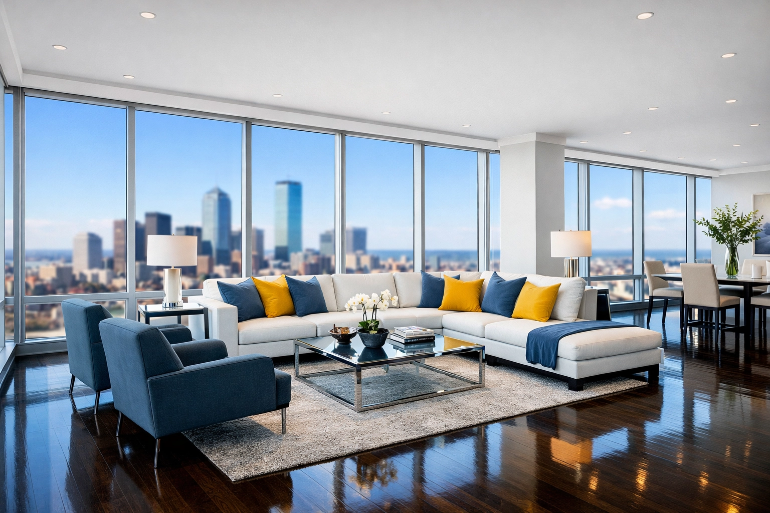 Move-in ready Boston penthouse living room after professional post-construction cleaning service.