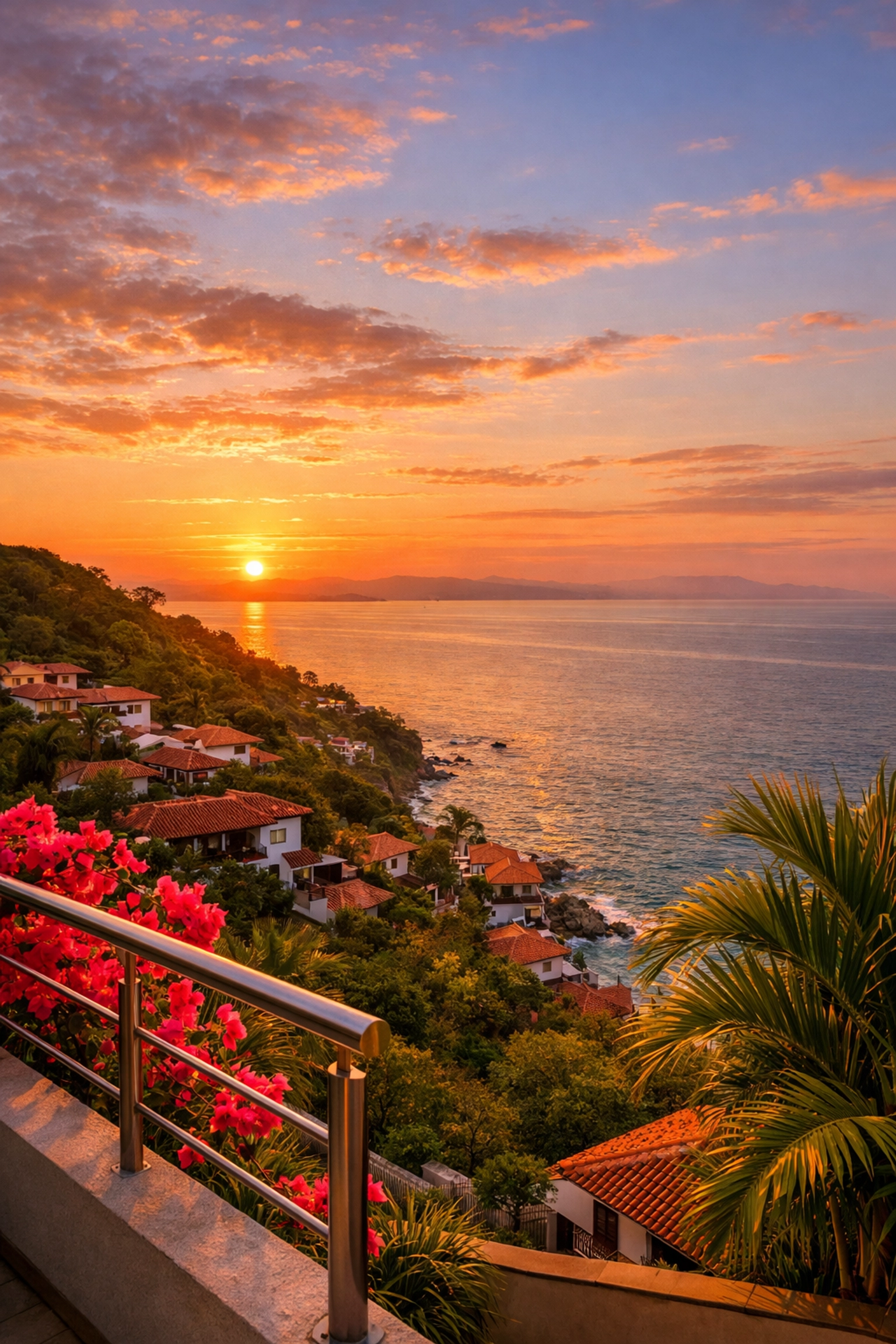 Sunset ocean view from hillside condo balcony in Puerto Vallarta's Amapas neighborhood