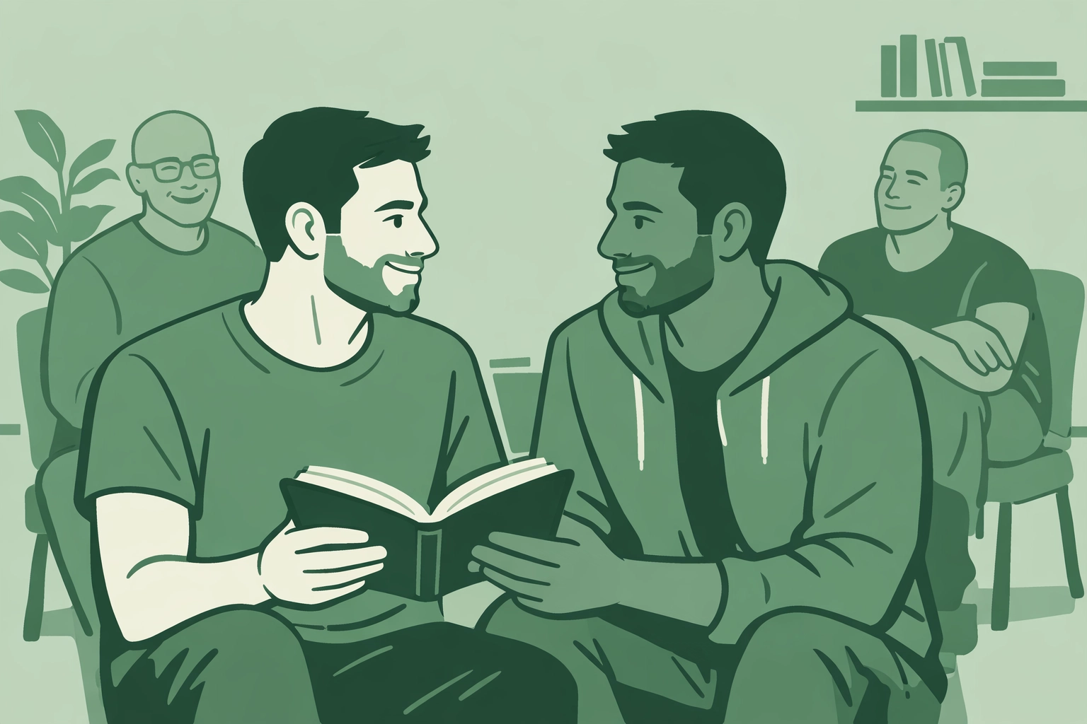 A supportive group of men at a gay book club, highlighting LGBTQ+ community and shared stories.