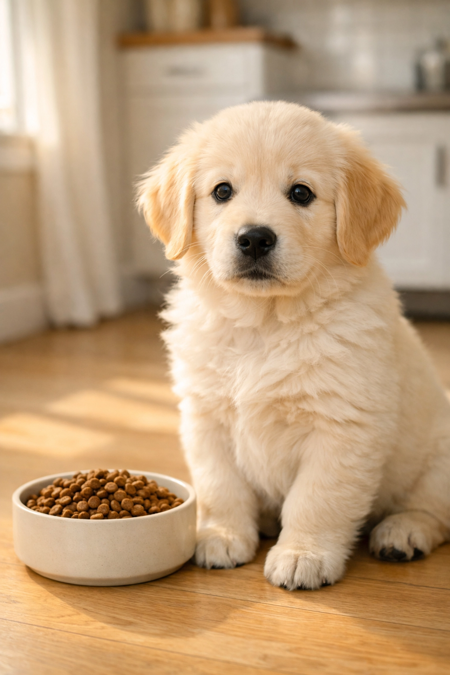 English Cream Golden Retriever puppy sitting next to a bowl of nutritious food in a sunny kitchen.