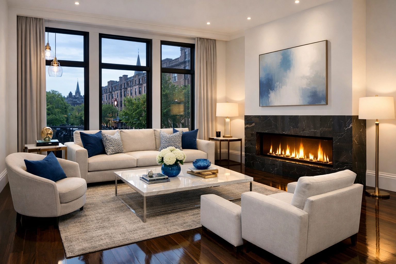 Spotless Boston brownstone living room following professional post-construction cleaning services.
