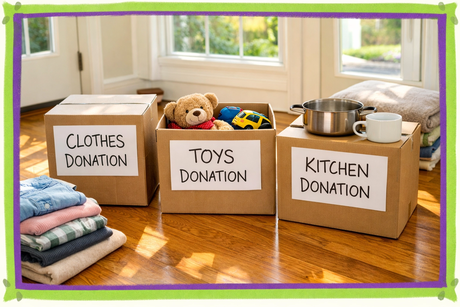 Organized donation boxes for downsizing declutter process in Connecticut home