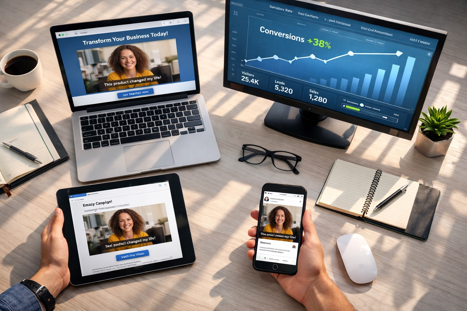 Testimonial video displayed across multiple marketing platforms and devices