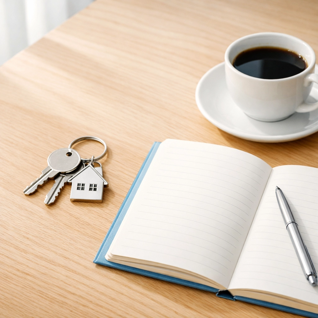 House keys and planning notebook representing foreclosure decision-making and homeowner options