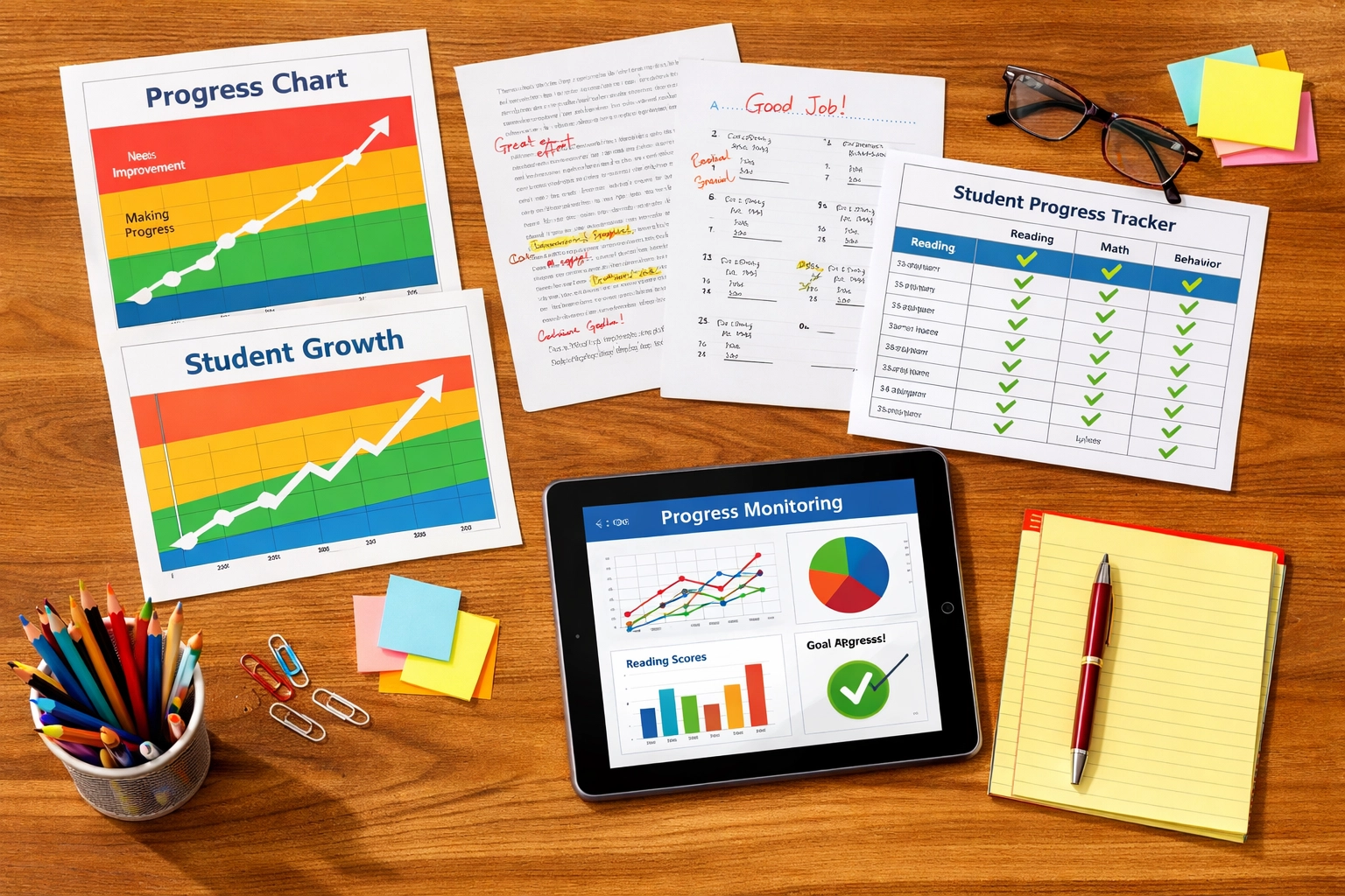 IEP progress monitoring data charts and assessment materials showing student growth