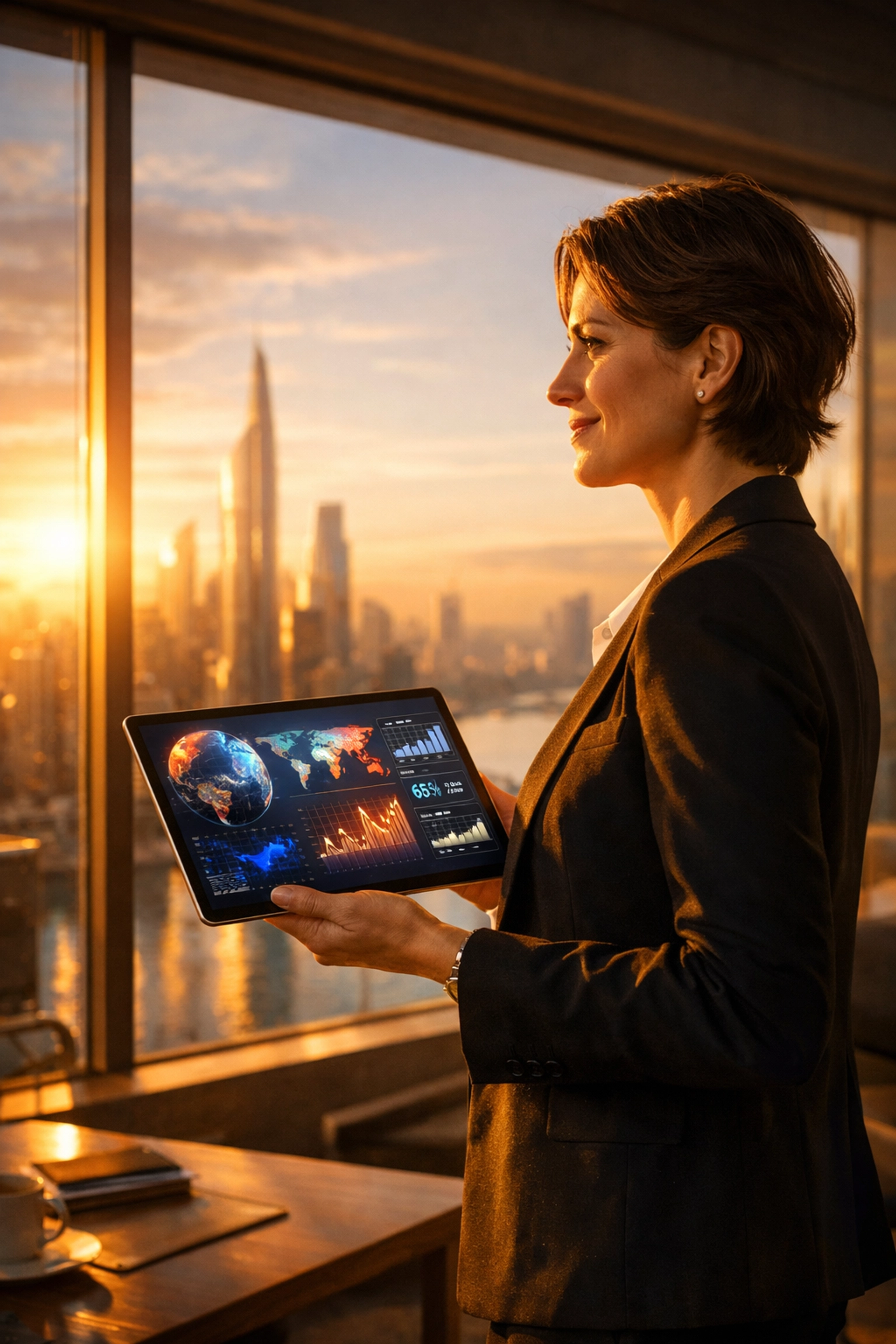 Merchant using a digital payment dashboard to manage global business growth and social impact initiatives.