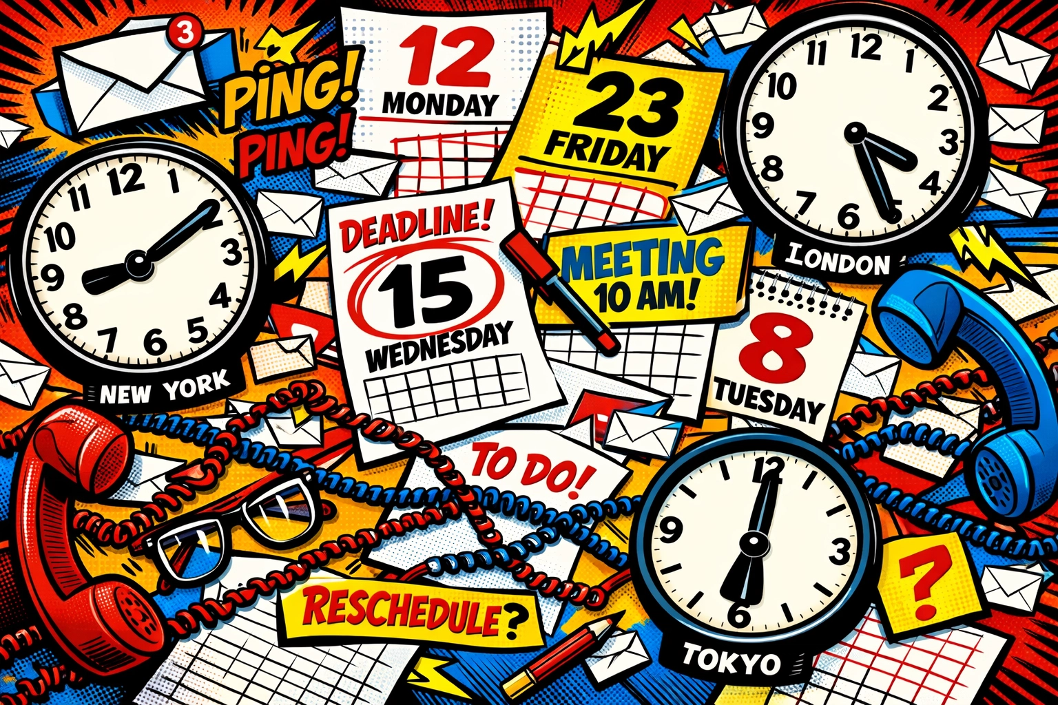 Chaotic desk with overlapping calendars and time zones showing scheduling inefficiency before AI automation
