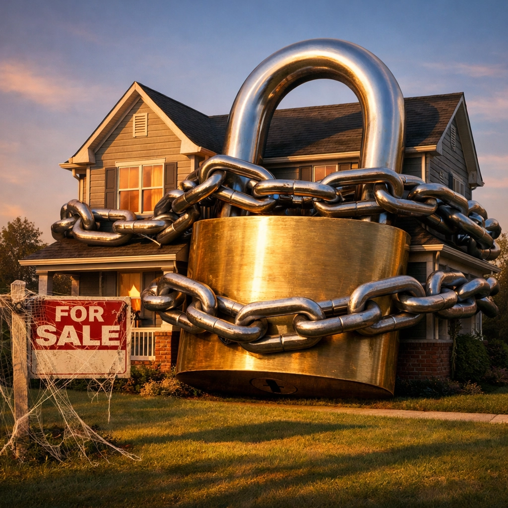 House with padlock illustrating mortgage lock-in effect keeping 2026 housing prices high