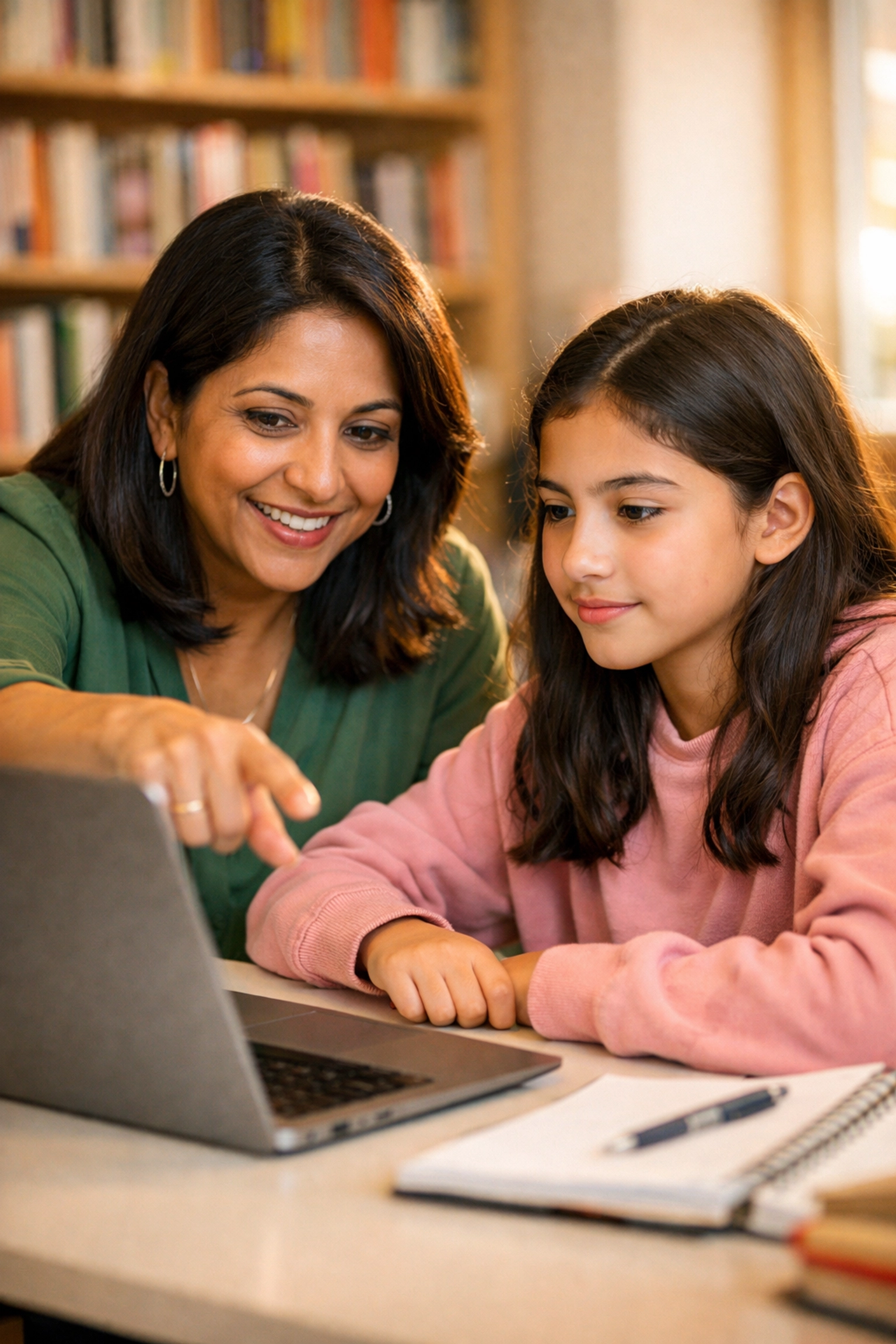 Kids writing coach providing one-on-one guidance to young student at computer