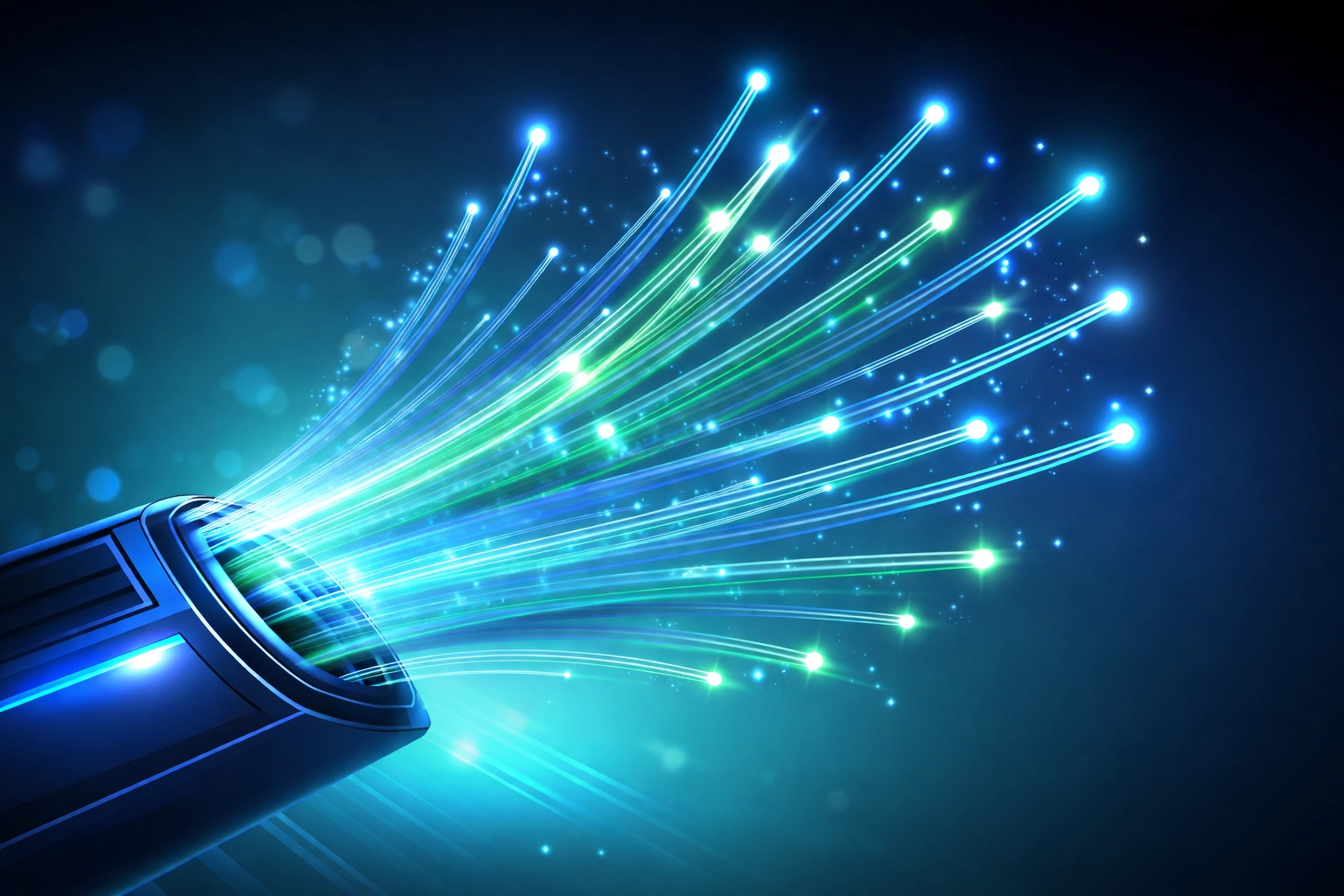 Fiber optic cabling installation displayed with glowing data streams, highlighting business connectivity benefits