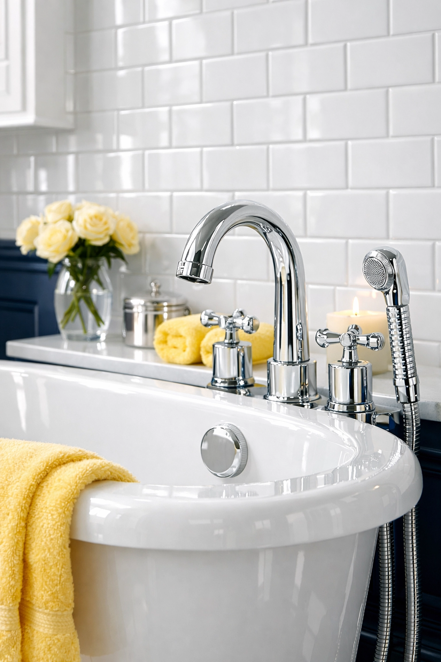Deep cleaned master bathroom with shining white tiles and polished fixtures in a Westborough home.
