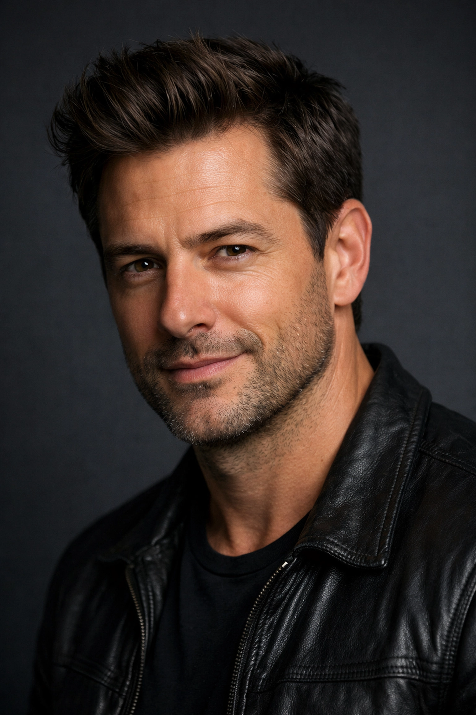 Male studio portrait demonstrating the loop lighting technique, a core portrait photography technique.