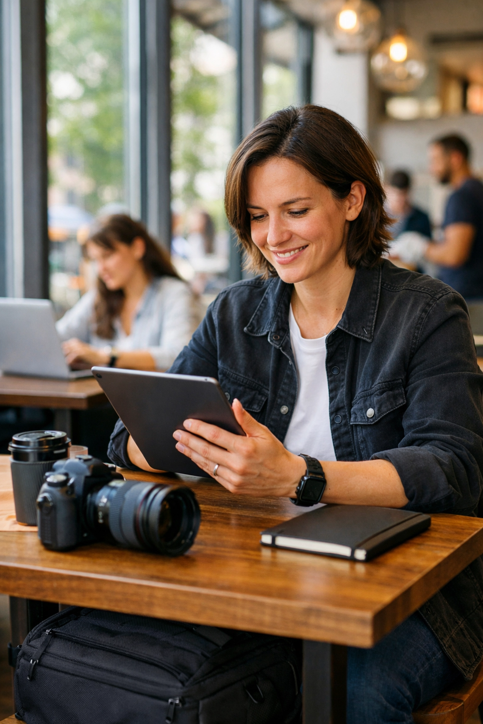 A freelance photographer using a tablet to communicate with clients in a bright cafe setting.