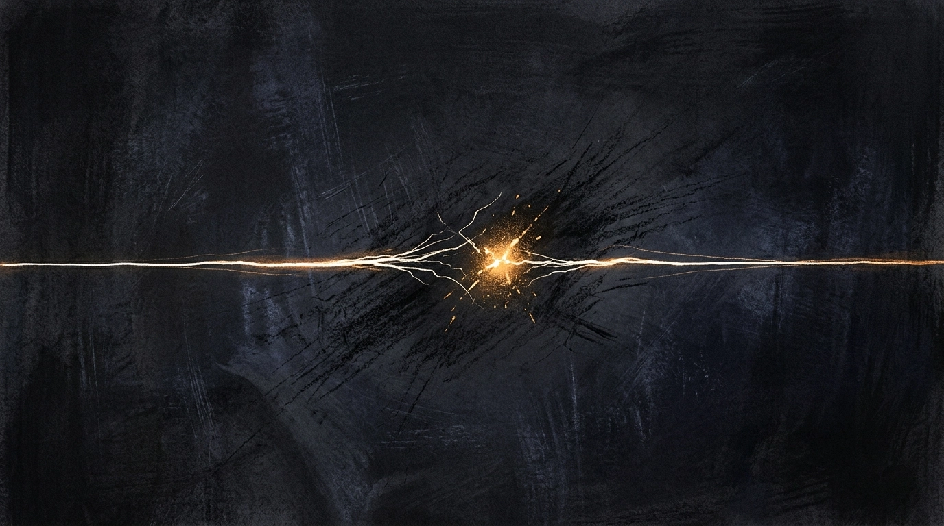 A single glowing line fracturing on a dark background, a spark of golden light emerging