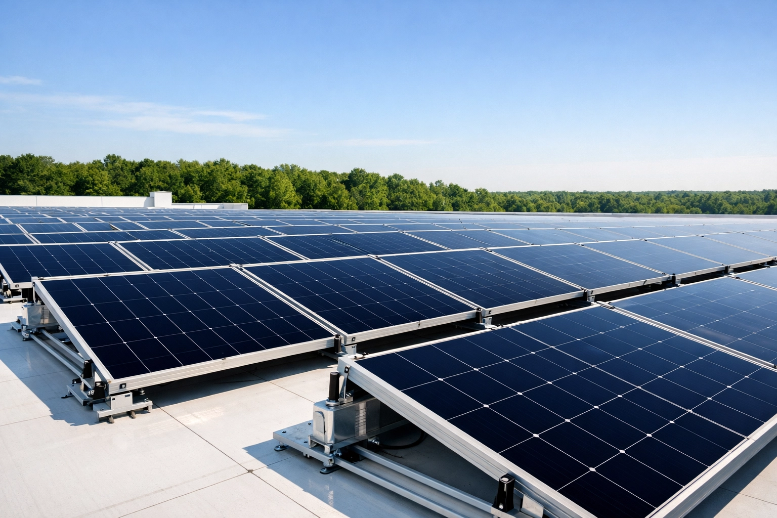Modern commercial solar power panels installed on an industrial rooftop for business energy efficiency.