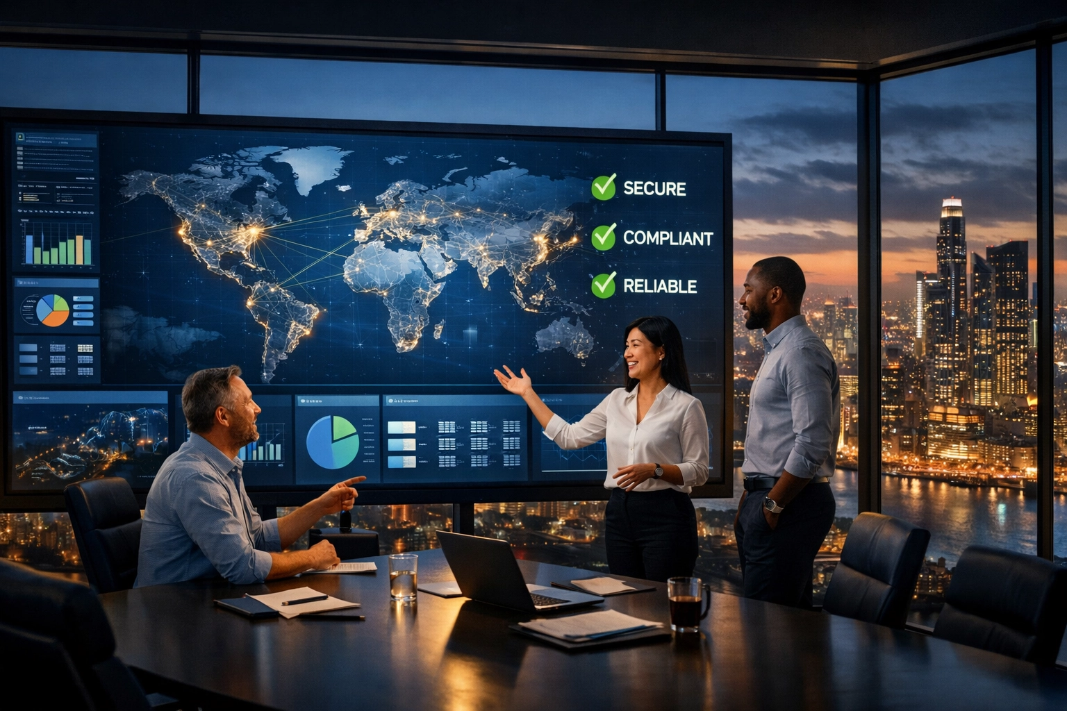 IT professionals using ServiceNow consulting services to manage global compliance in a boardroom.
