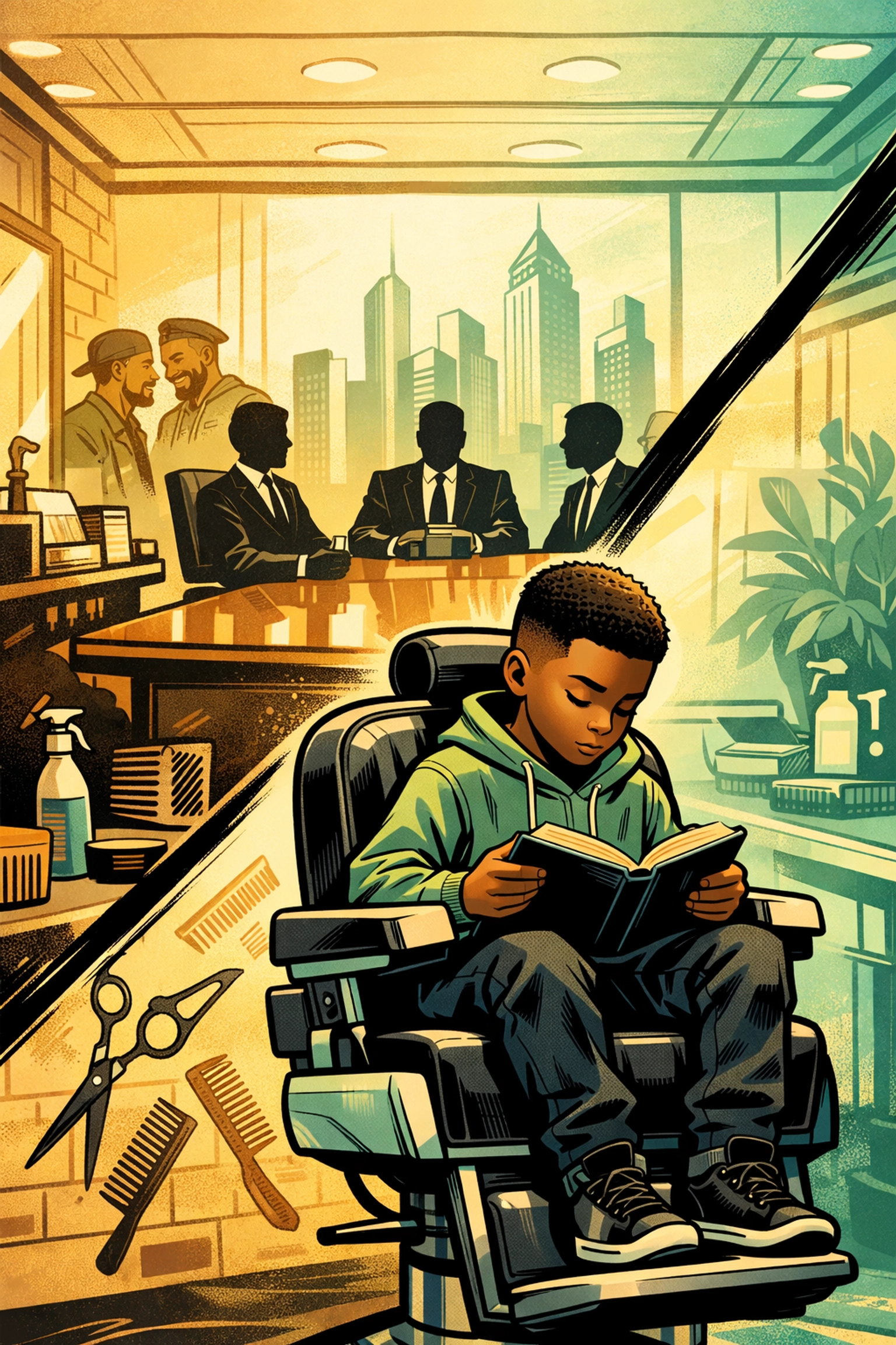 A young scholar reading in a barbershop, symbolizing the journey from the barbershop to the boardroom.