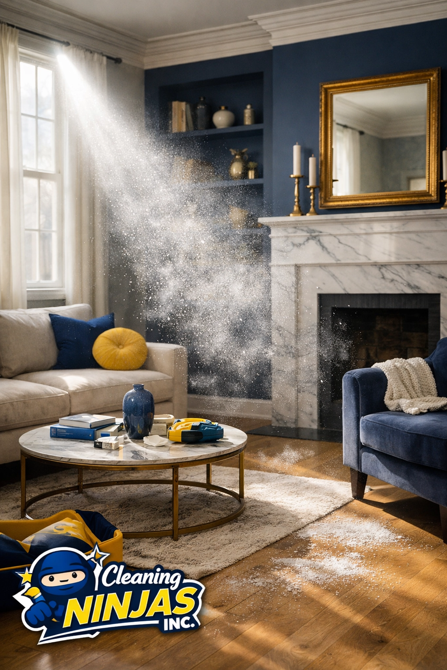 Fine dust particles in a renovated Bedford living room highlighting the need for post construction cleaning.
