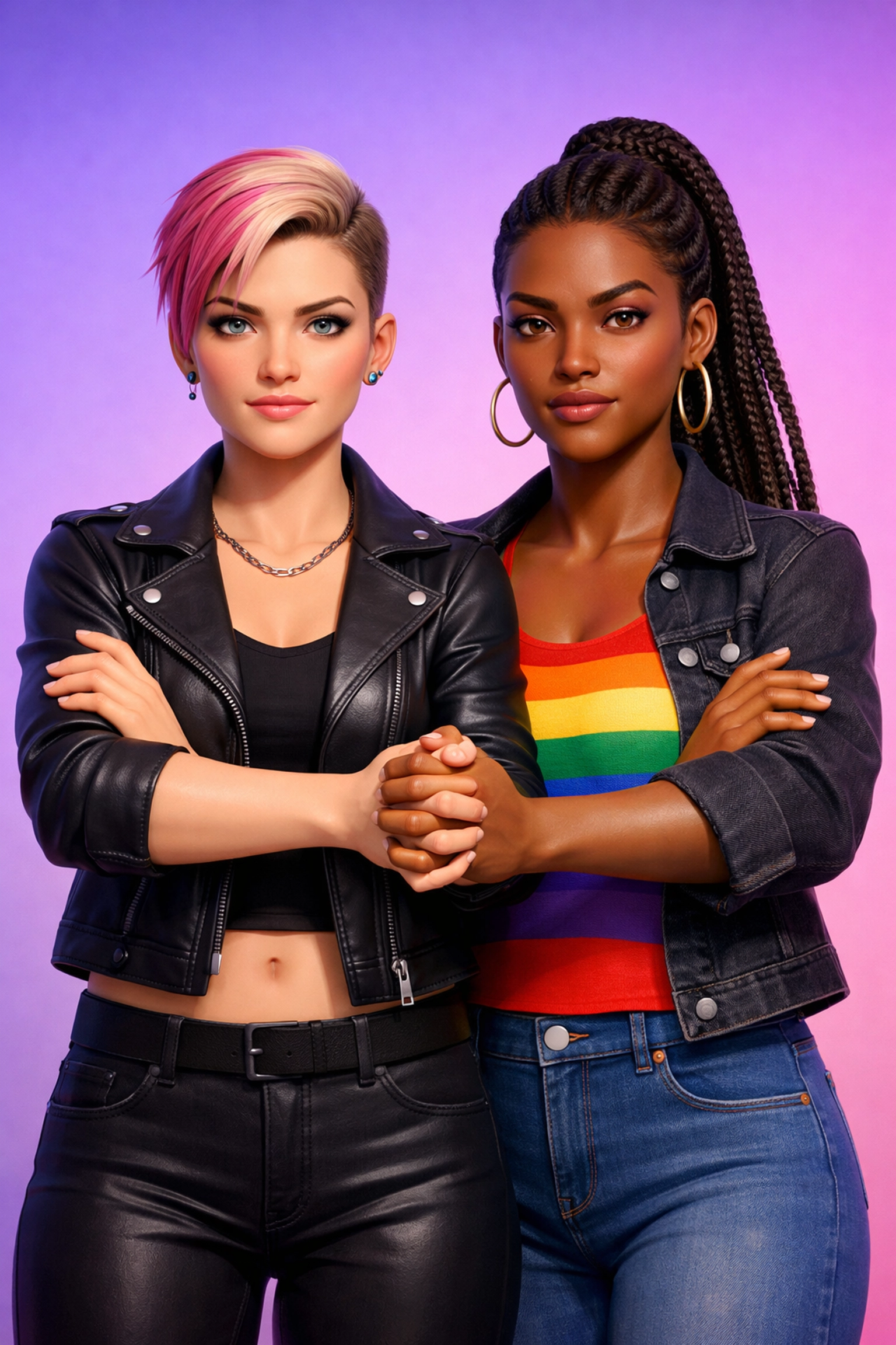 A resilient lesbian couple standing as a unified front to protect their LGBTQ+ partnership.