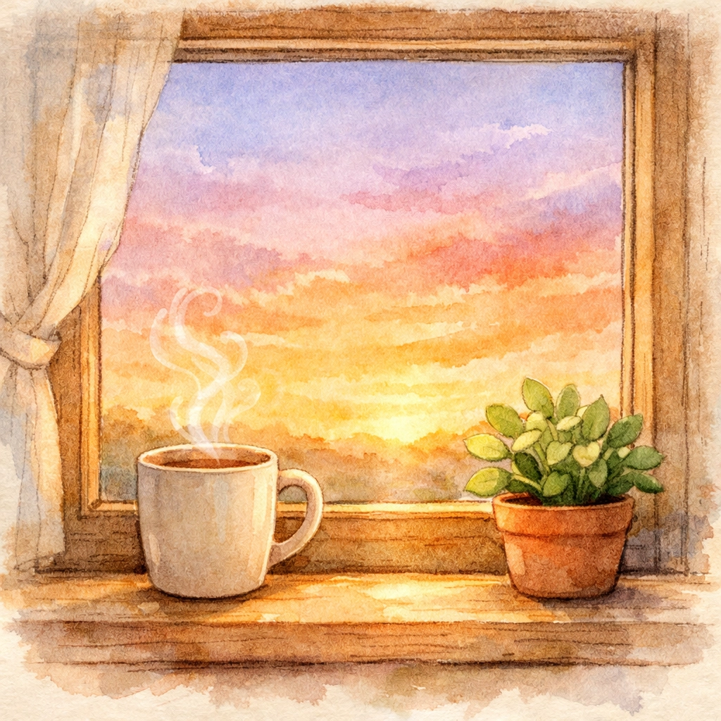 Morning coffee by window at sunrise depicting peaceful start to devotional day