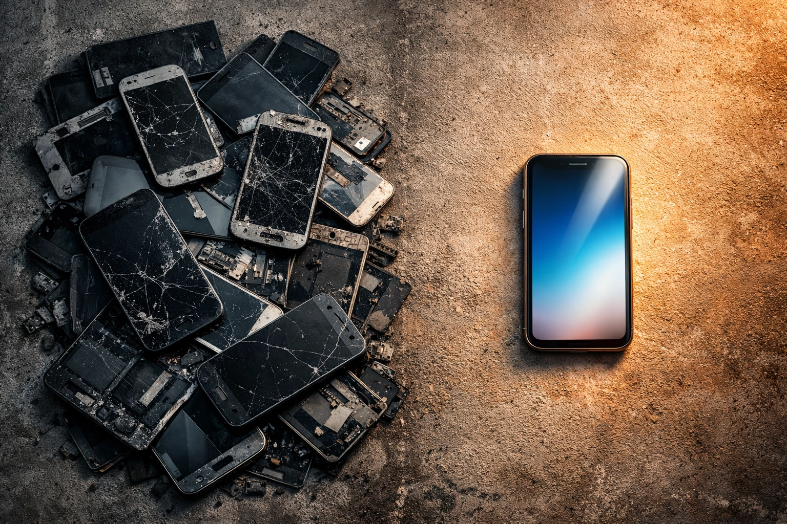 Electronic waste pile contrasted with single repaired smartphone showing sustainability