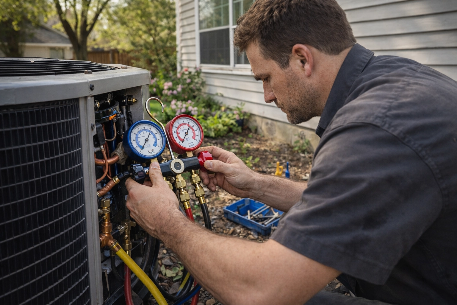 HVAC technician performing maintenance on a residential outdoor air conditioner unit