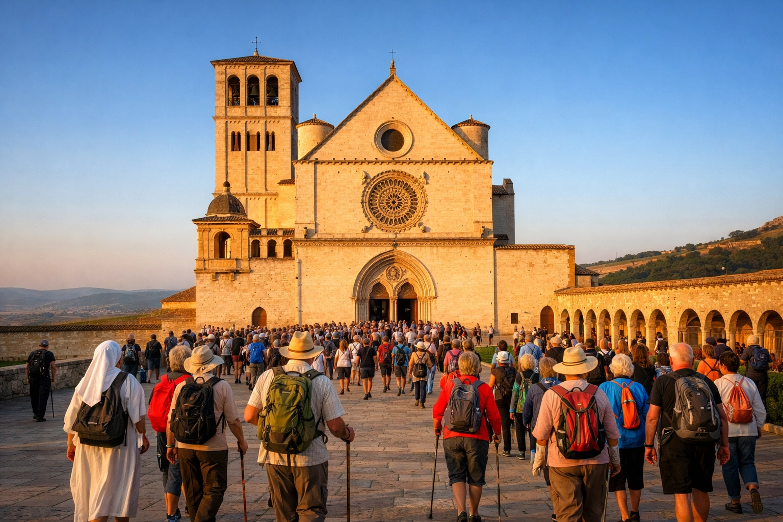 Pilgrims walking toward Basilica of St. Francis in Assisi, Italy during public relic display