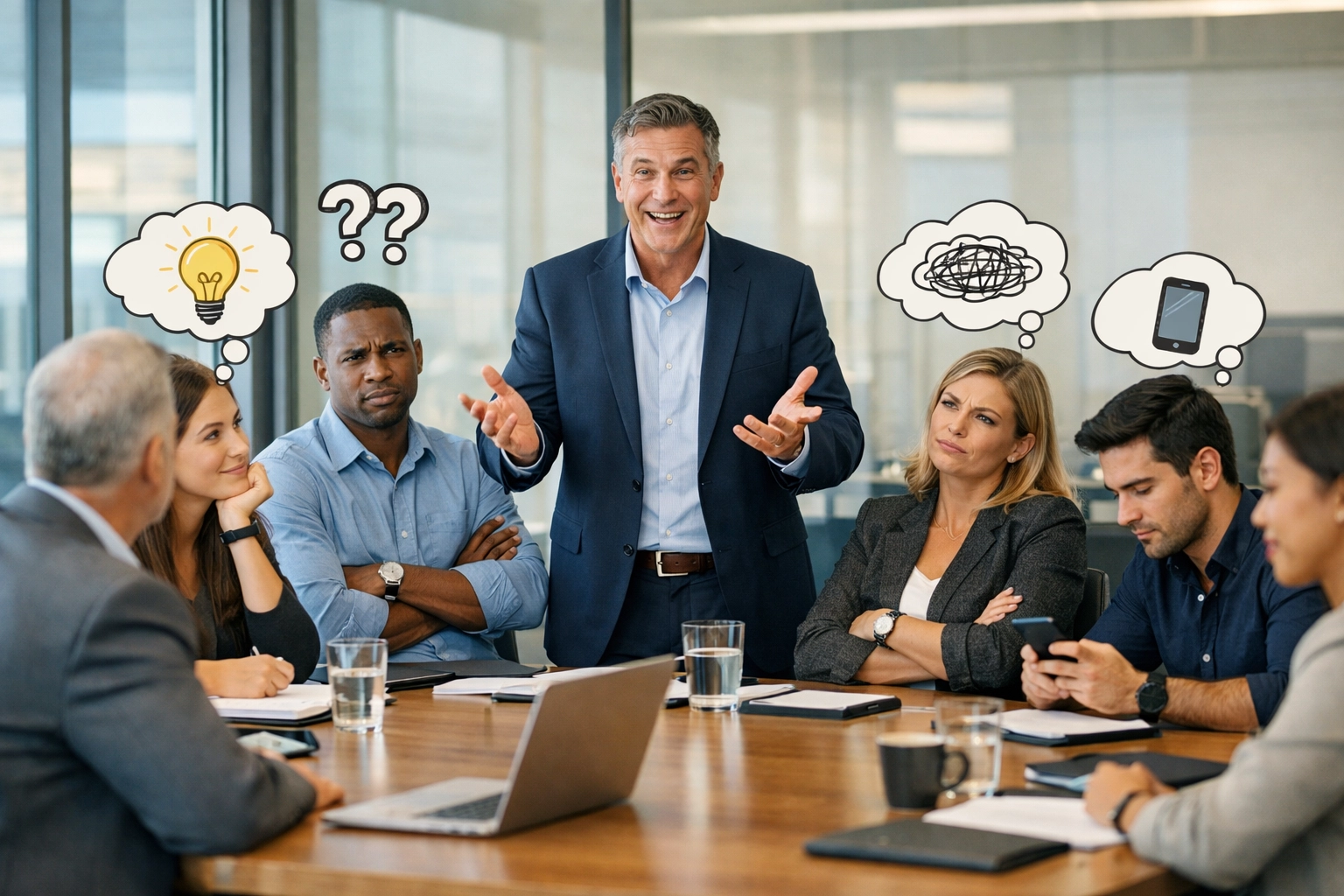 Business leader presenting ISO 9001 changes to skeptical small business team members