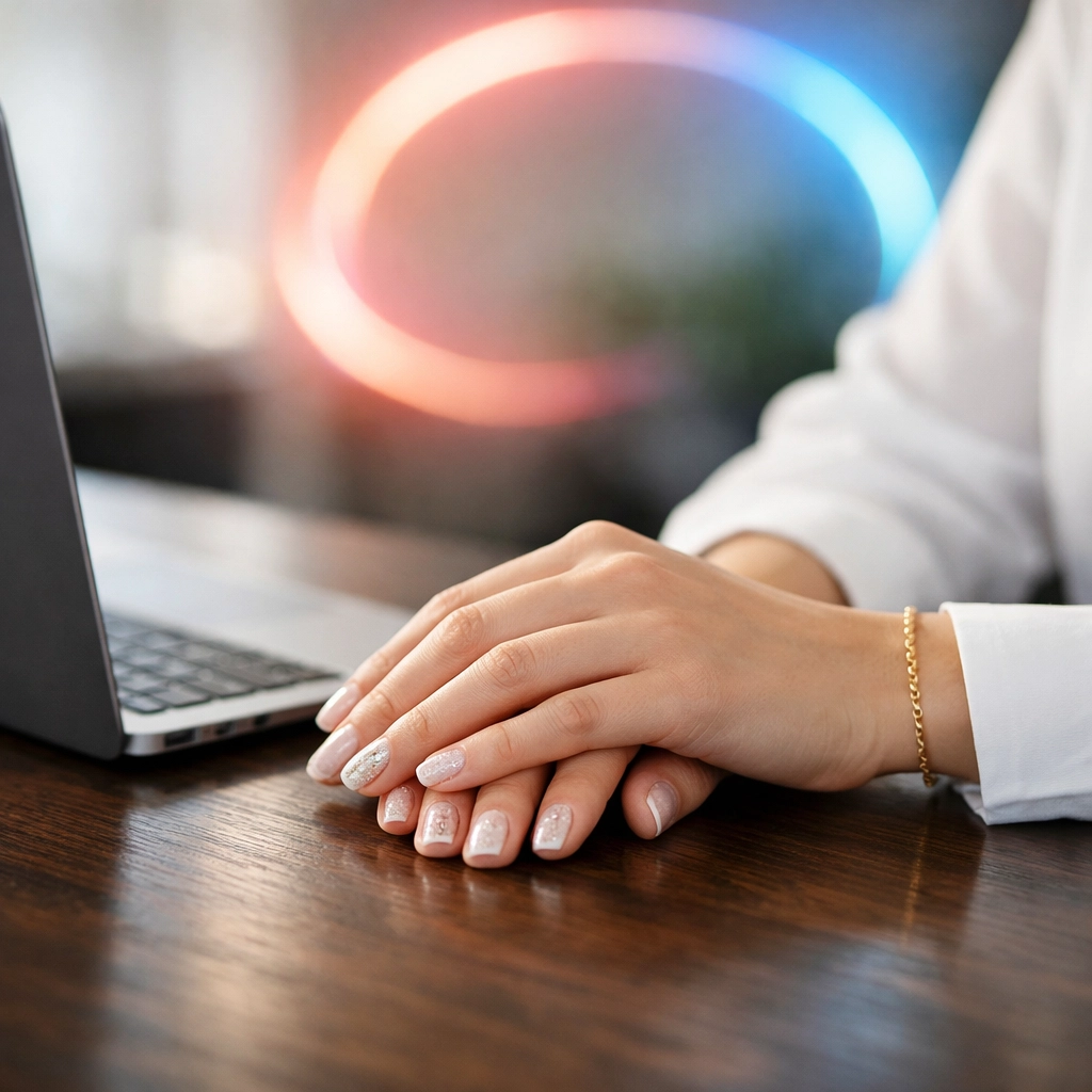 Professional hands with a manicure on an office desk, a subtle sign of gender identity for a crossdresser at work.